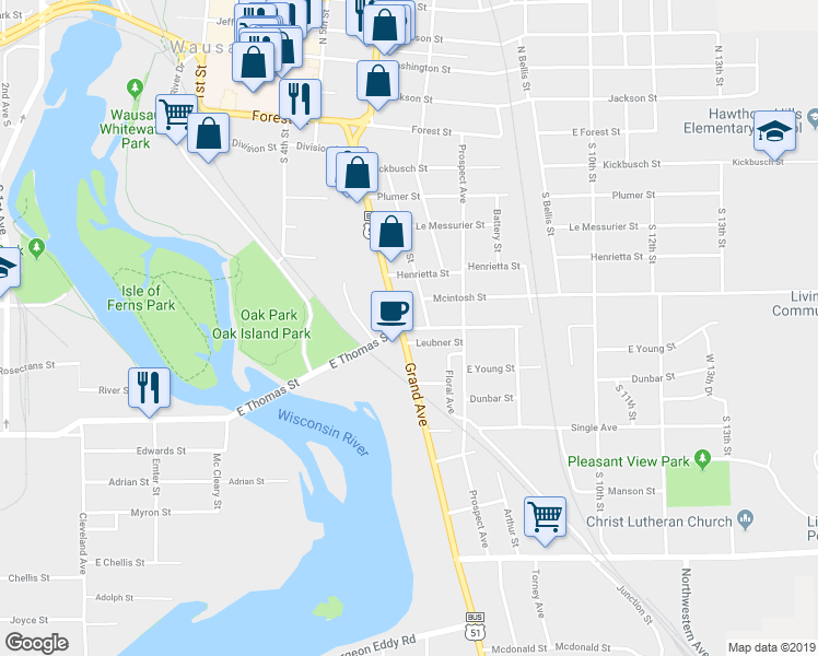 map of restaurants, bars, coffee shops, grocery stores, and more near 606 East Thomas Street in Wausau