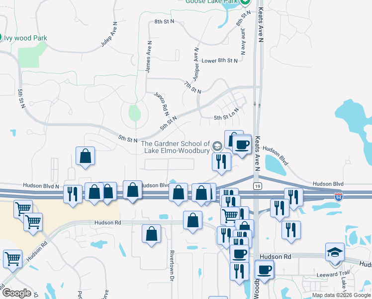 map of restaurants, bars, coffee shops, grocery stores, and more near in Lake Elmo