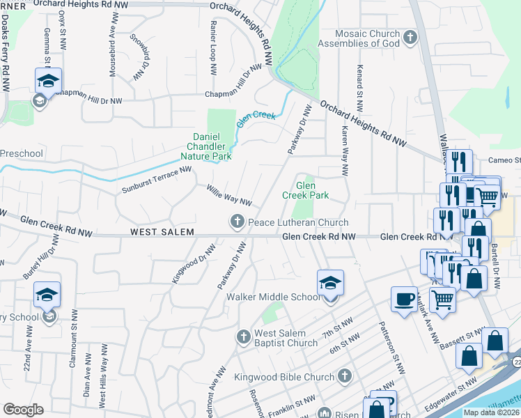 map of restaurants, bars, coffee shops, grocery stores, and more near 1401 Willie Way Northwest in Salem