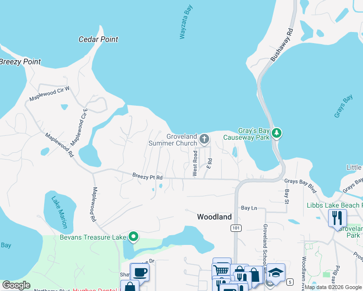 map of restaurants, bars, coffee shops, grocery stores, and more near 17870 Breezy Point Road in Wayzata