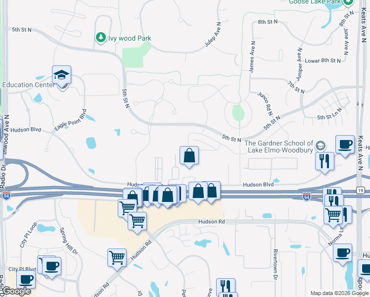 map of restaurants, bars, coffee shops, grocery stores, and more near 9220 Hudson Boulevard North in Lake Elmo