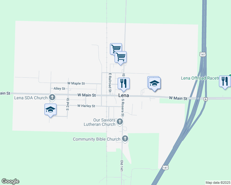 map of restaurants, bars, coffee shops, grocery stores, and more near 126 West Main Street in Lena