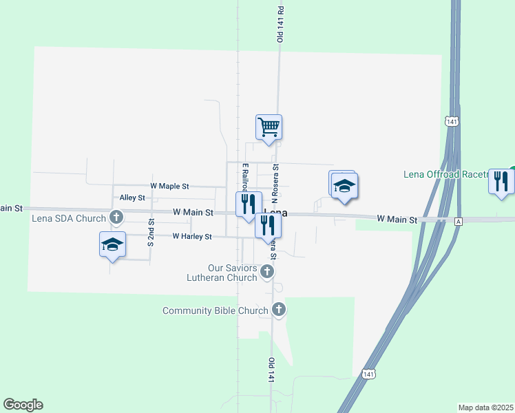 map of restaurants, bars, coffee shops, grocery stores, and more near 126 West Main Street in Lena