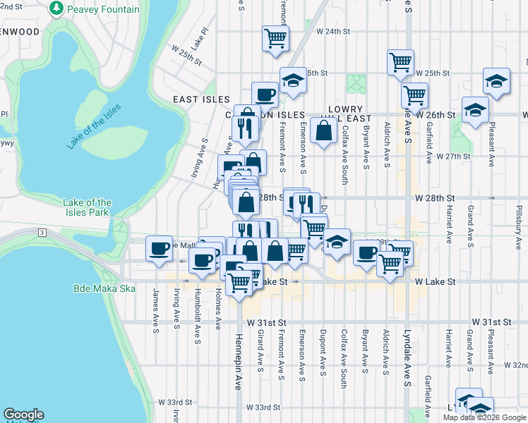 map of restaurants, bars, coffee shops, grocery stores, and more near 2817 Girard Avenue South in Minneapolis