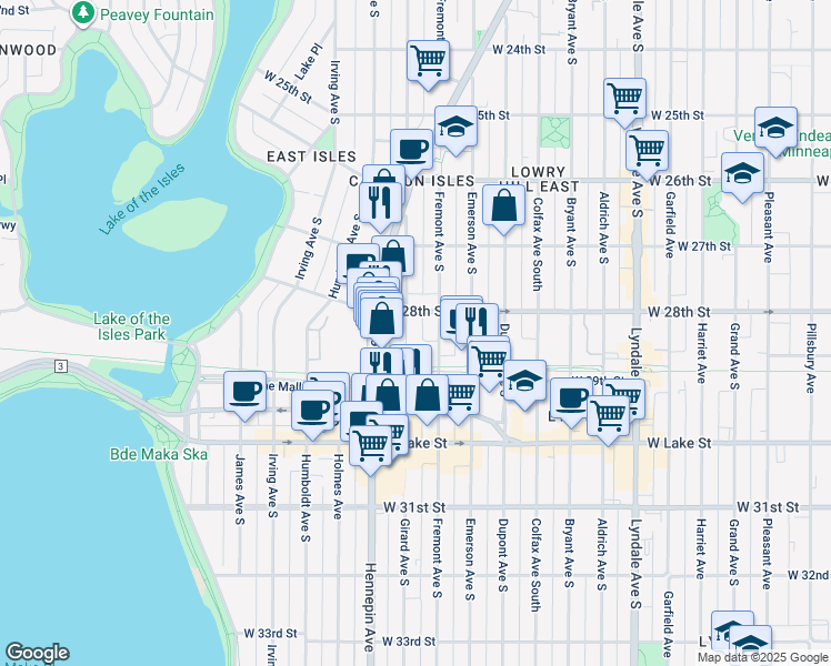 map of restaurants, bars, coffee shops, grocery stores, and more near 2817 Girard Avenue South in Minneapolis