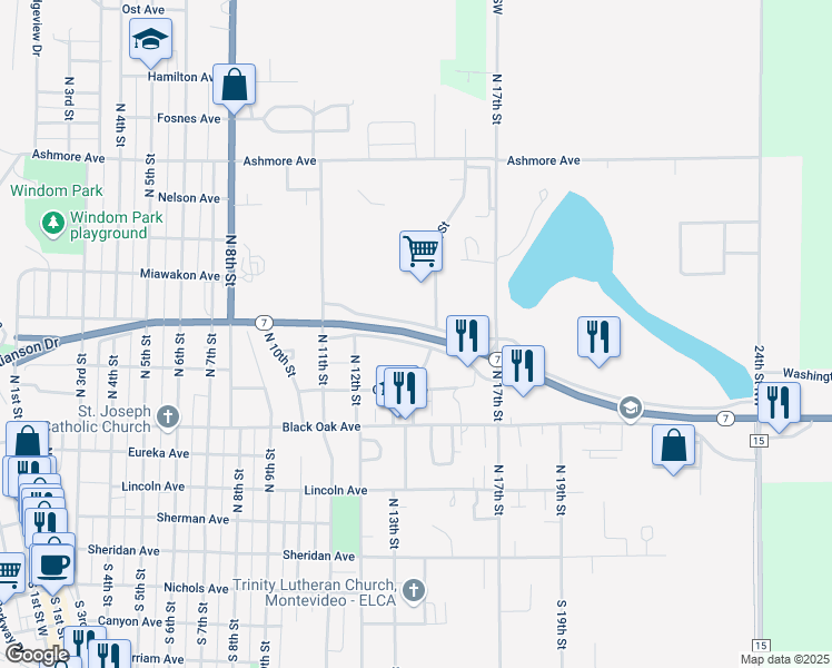 map of restaurants, bars, coffee shops, grocery stores, and more near Route 7 in Montevideo