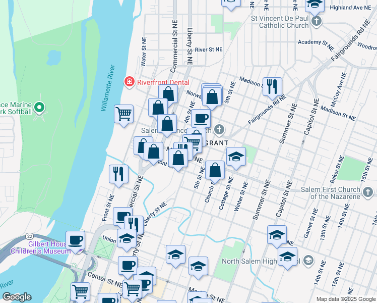 map of restaurants, bars, coffee shops, grocery stores, and more near 1240 4th Street Northeast in Salem