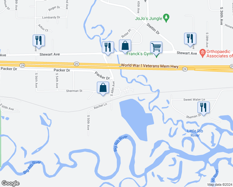 map of restaurants, bars, coffee shops, grocery stores, and more near 803 South 48th Avenue in Wausau
