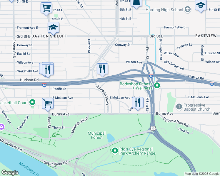 map of restaurants, bars, coffee shops, grocery stores, and more near 1272 Hudson Road in Saint Paul