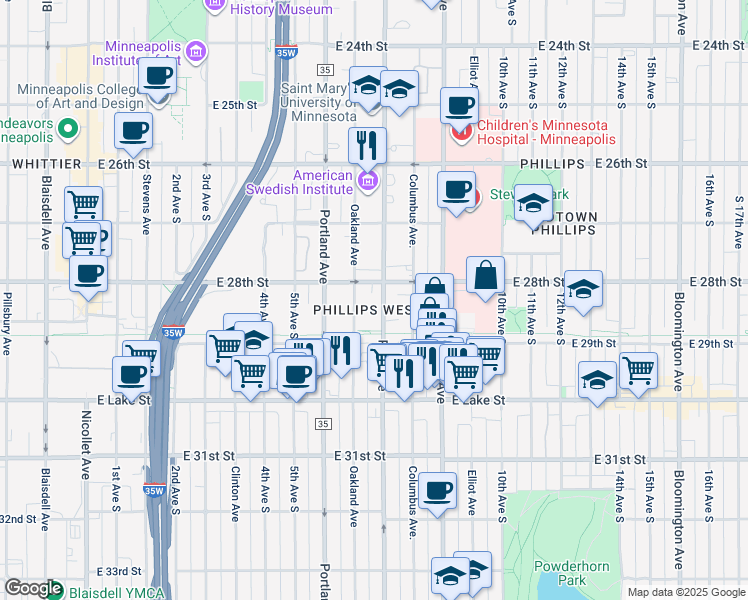 map of restaurants, bars, coffee shops, grocery stores, and more near 629 East 28th Street in Minneapolis