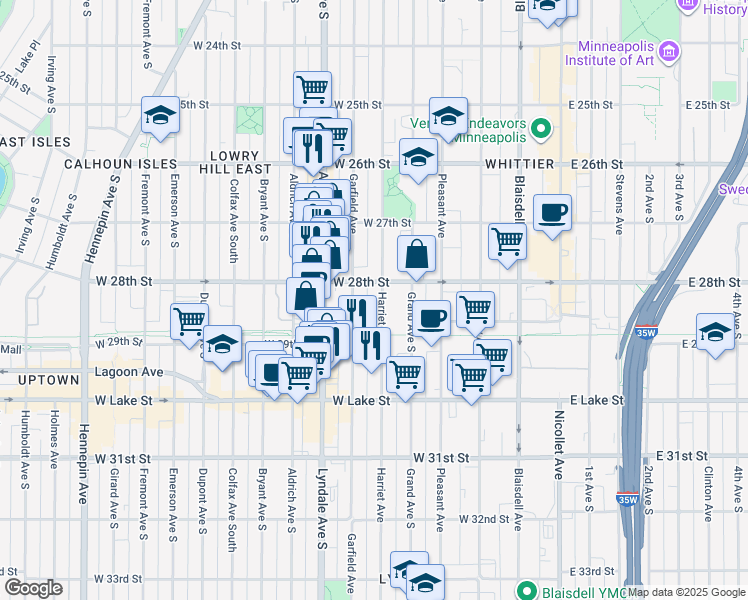 map of restaurants, bars, coffee shops, grocery stores, and more near in Minneapolis