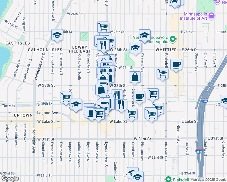 map of restaurants, bars, coffee shops, grocery stores, and more near in Minneapolis