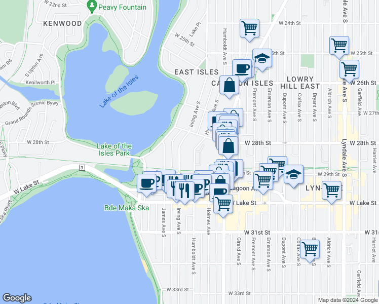 map of restaurants, bars, coffee shops, grocery stores, and more near 2817 Irving Avenue South in Minneapolis