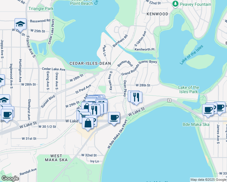 map of restaurants, bars, coffee shops, grocery stores, and more near 3046 West 28th Street in Minneapolis