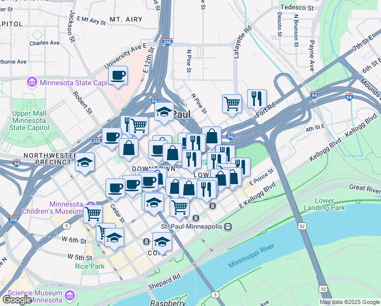 map of restaurants, bars, coffee shops, grocery stores, and more near 261 East 8th Street in Saint Paul