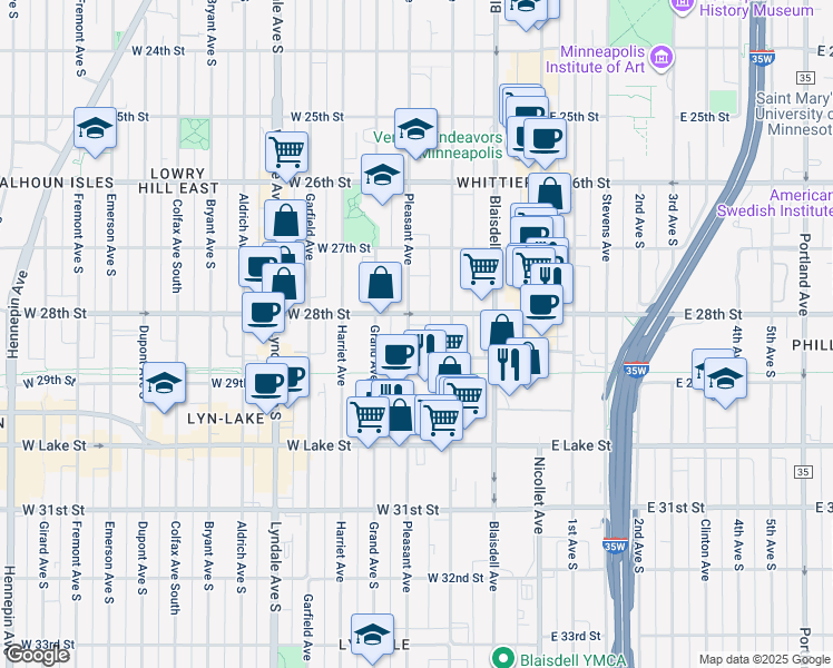 map of restaurants, bars, coffee shops, grocery stores, and more near 2815 Pleasant Avenue in Minneapolis