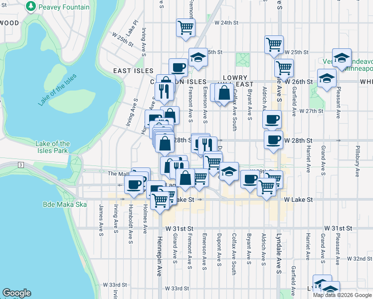 map of restaurants, bars, coffee shops, grocery stores, and more near 2757 Fremont Avenue South in Minneapolis