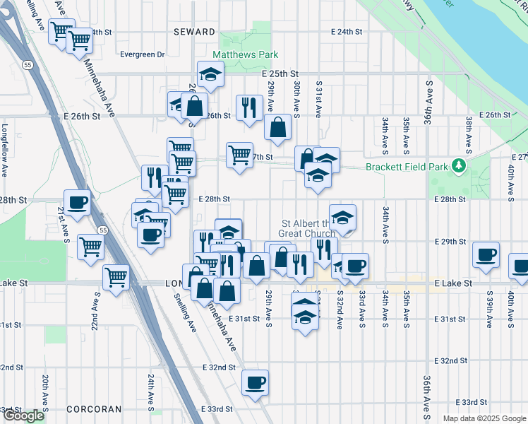 map of restaurants, bars, coffee shops, grocery stores, and more near 2812 29th Avenue South in Minneapolis
