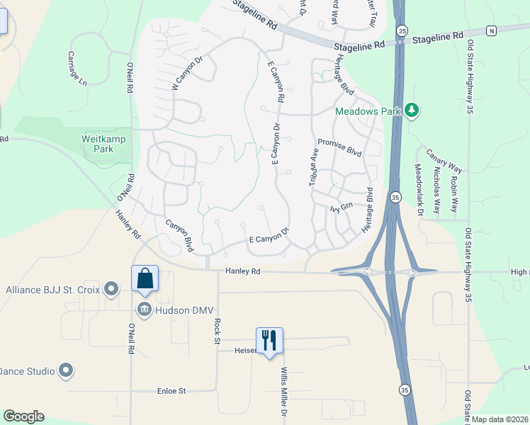 map of restaurants, bars, coffee shops, grocery stores, and more near Lockwood Court in Hudson