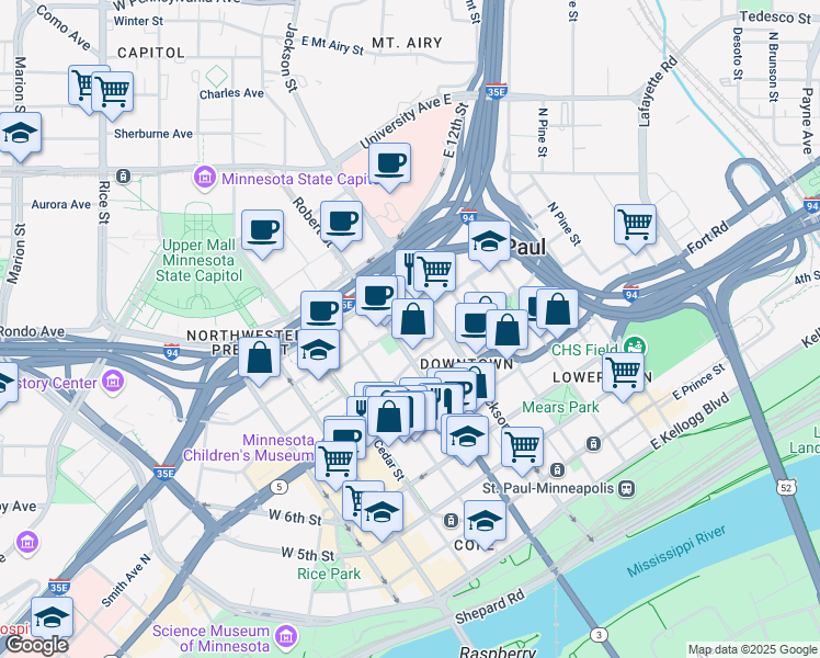 map of restaurants, bars, coffee shops, grocery stores, and more near 500 Robert Street North in Saint Paul