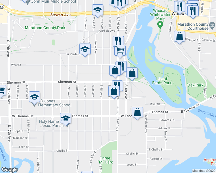 map of restaurants, bars, coffee shops, grocery stores, and more near 912 South 4th Avenue in Wausau