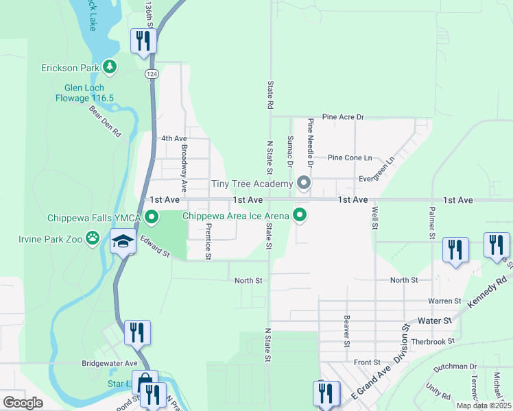 map of restaurants, bars, coffee shops, grocery stores, and more near 611 1st Avenue in Chippewa Falls