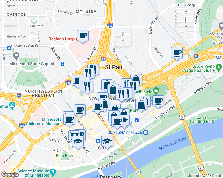 map of restaurants, bars, coffee shops, grocery stores, and more near in Saint Paul