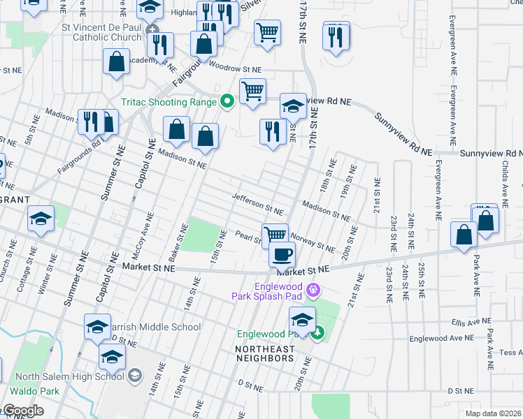map of restaurants, bars, coffee shops, grocery stores, and more near 1590 Madison Street Northeast in Salem
