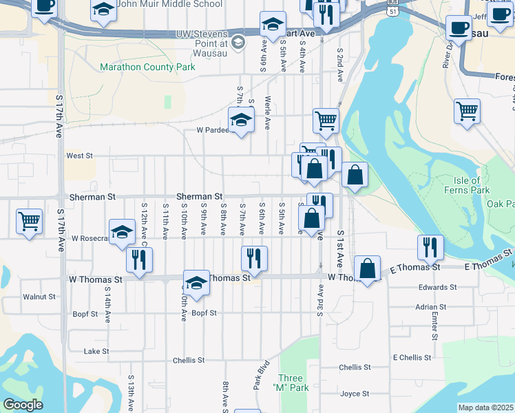 map of restaurants, bars, coffee shops, grocery stores, and more near 508 Sherman Street in Wausau