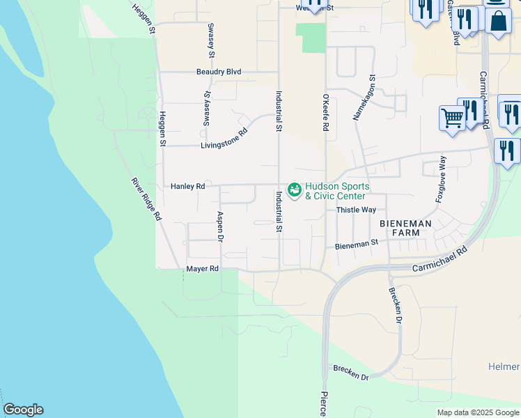 map of restaurants, bars, coffee shops, grocery stores, and more near 1609 Pinewood Lane in Hudson