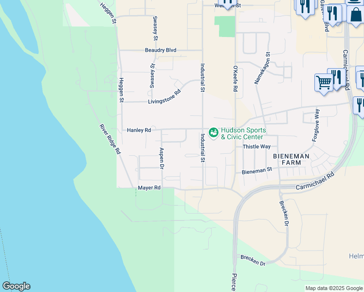 map of restaurants, bars, coffee shops, grocery stores, and more near 1609 Pinewood Lane in Hudson