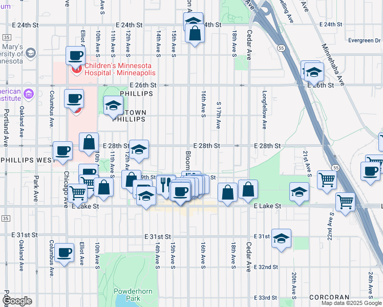 map of restaurants, bars, coffee shops, grocery stores, and more near in Minneapolis