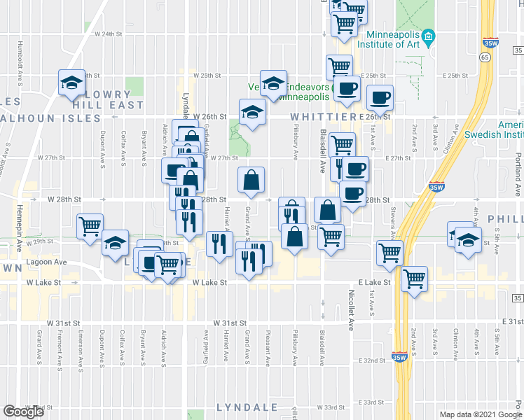 map of restaurants, bars, coffee shops, grocery stores, and more near 2745 Grand Avenue South in Minneapolis
