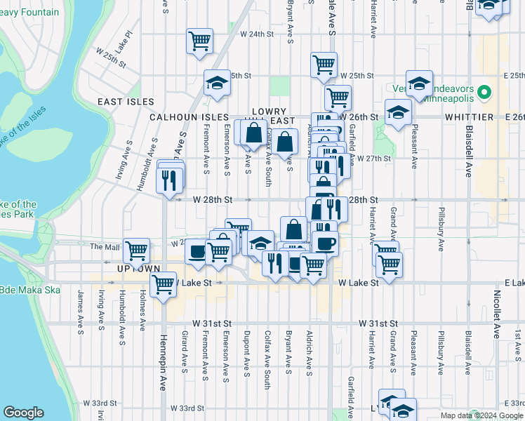 map of restaurants, bars, coffee shops, grocery stores, and more near in Minneapolis