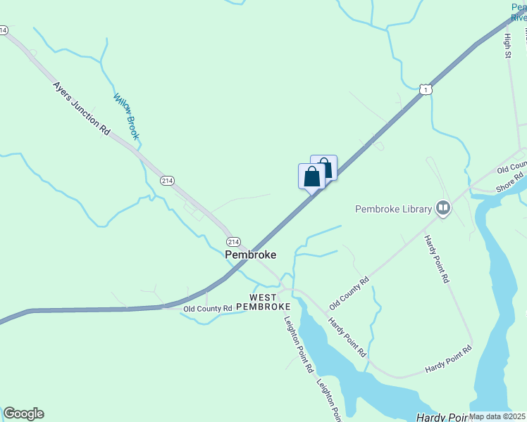 map of restaurants, bars, coffee shops, grocery stores, and more near 494 U.S. 1 in Pembroke