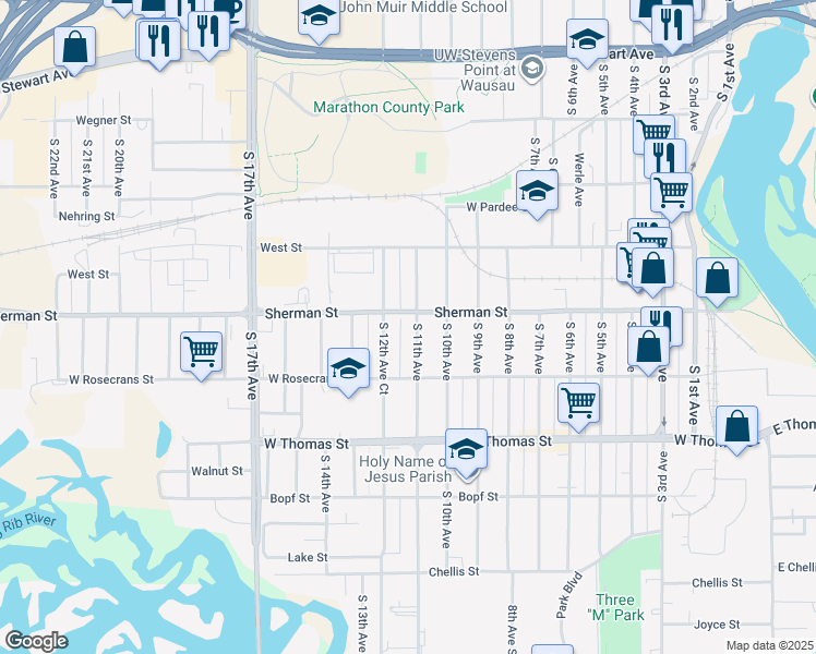 map of restaurants, bars, coffee shops, grocery stores, and more near 833 South 11th Avenue in Wausau