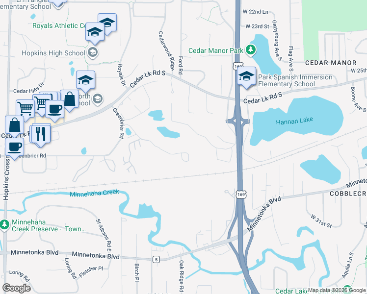 map of restaurants, bars, coffee shops, grocery stores, and more near 10275 Greenbrier Road in Minnetonka