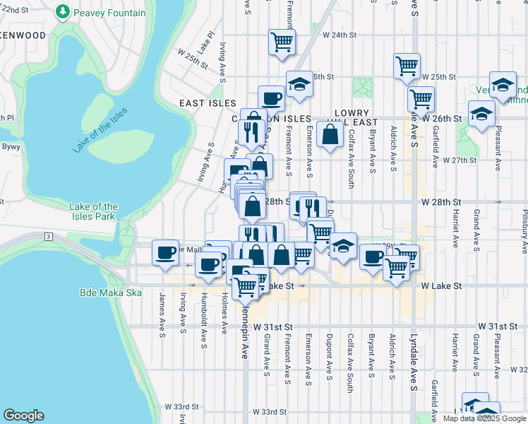 map of restaurants, bars, coffee shops, grocery stores, and more near 1402 West 28th Street in Minneapolis