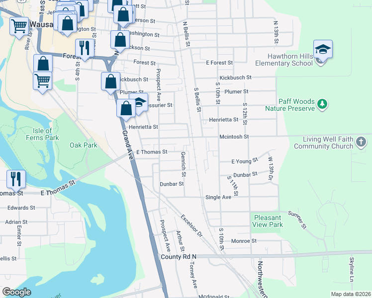 map of restaurants, bars, coffee shops, grocery stores, and more near 608 Saint Paul Street in Wausau