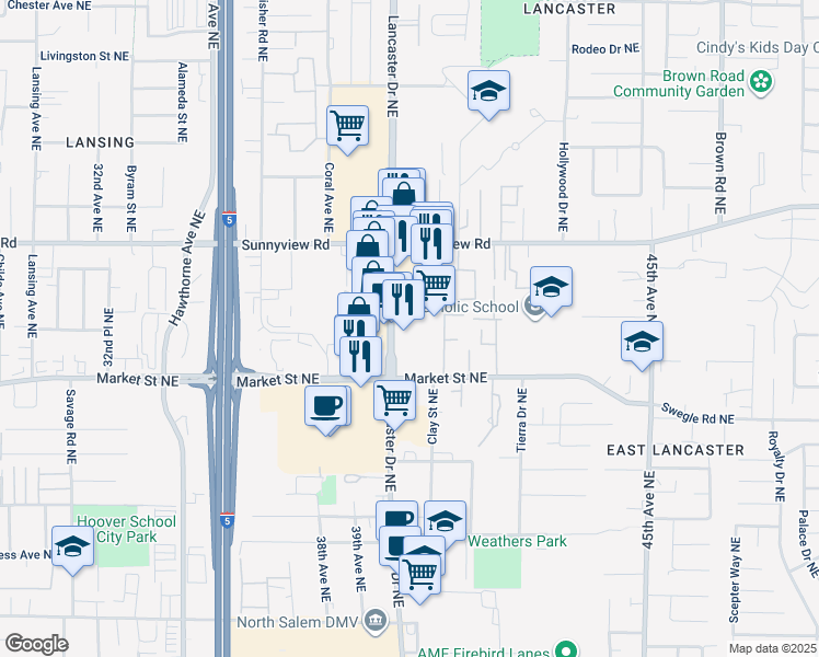 map of restaurants, bars, coffee shops, grocery stores, and more near 1828 Lancaster Drive Northeast in Salem
