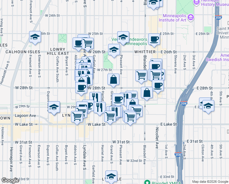map of restaurants, bars, coffee shops, grocery stores, and more near 2745 Grand Avenue South in Minneapolis