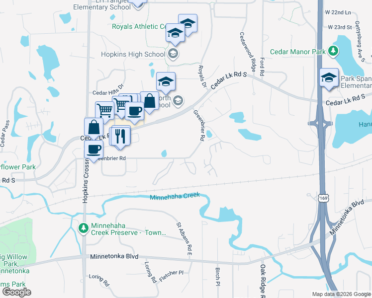 map of restaurants, bars, coffee shops, grocery stores, and more near 10501 Cedar Lake Road in Hopkins