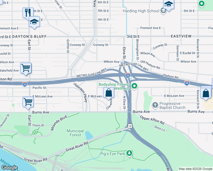 map of restaurants, bars, coffee shops, grocery stores, and more near 347 Clarence Street in Saint Paul