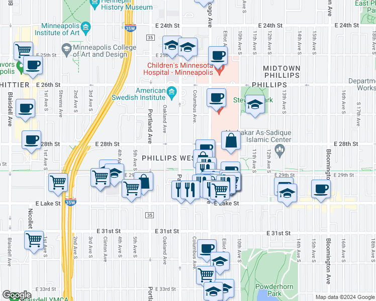 map of restaurants, bars, coffee shops, grocery stores, and more near 2801 Park Avenue South in Minneapolis