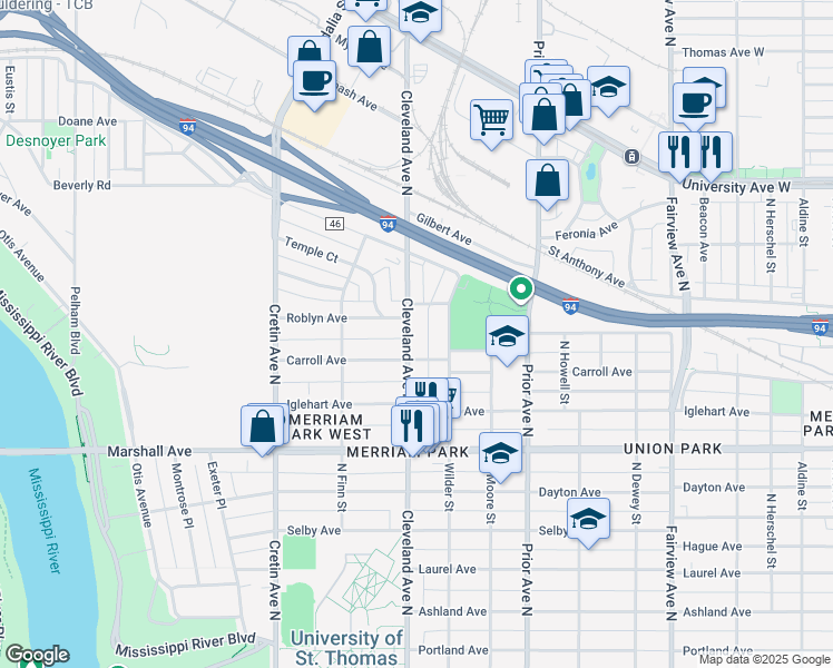 map of restaurants, bars, coffee shops, grocery stores, and more near in Saint Paul