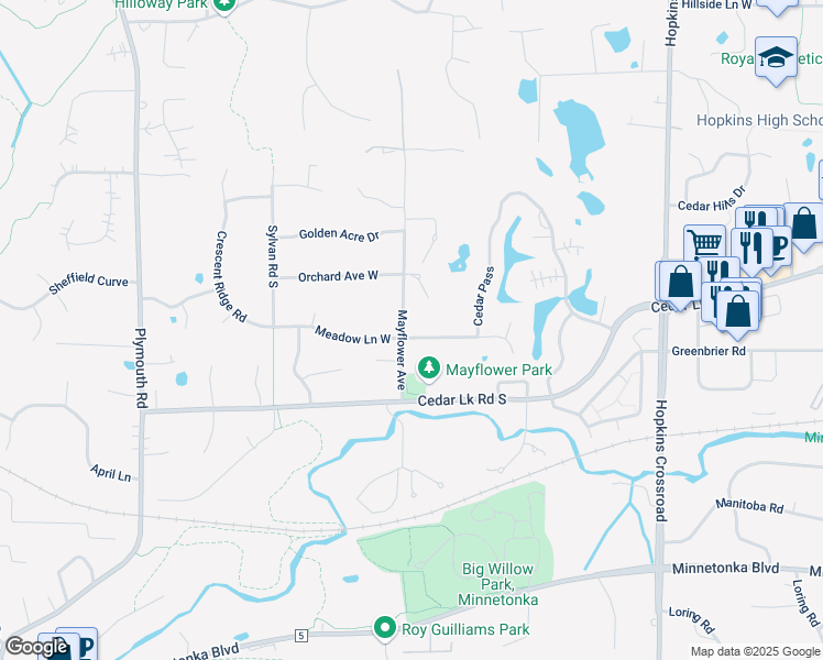 map of restaurants, bars, coffee shops, grocery stores, and more near 2725 Mayflower Avenue in Hopkins