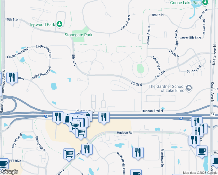 map of restaurants, bars, coffee shops, grocery stores, and more near 9220 Hudson Boulevard North in Lake Elmo