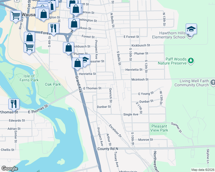 map of restaurants, bars, coffee shops, grocery stores, and more near 817 Mcintosh Street in Wausau