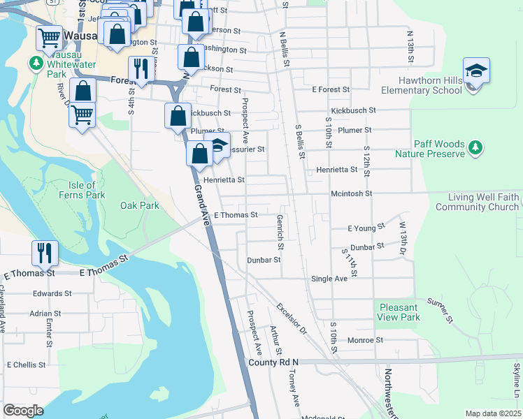 map of restaurants, bars, coffee shops, grocery stores, and more near 817 Mcintosh Street in Wausau