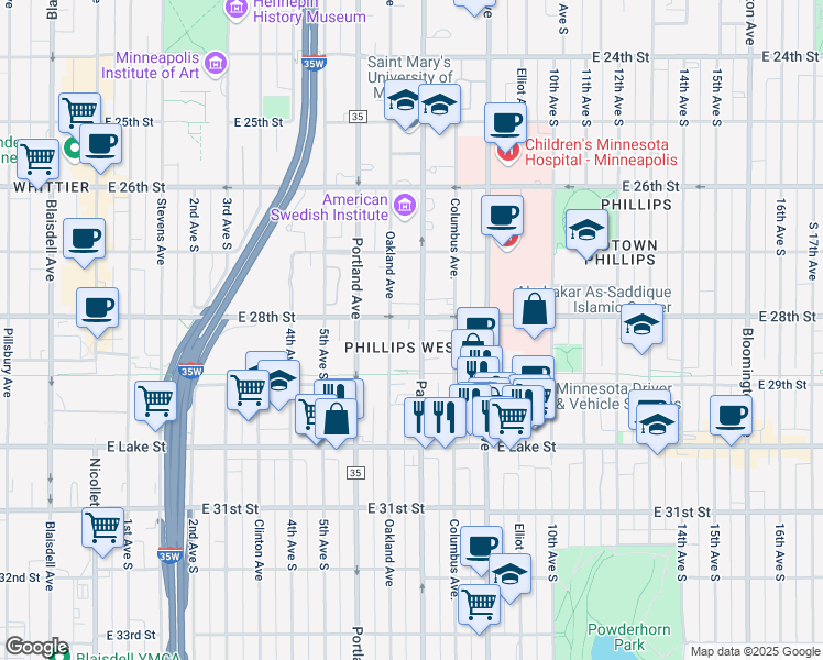 map of restaurants, bars, coffee shops, grocery stores, and more near 629 East 28th Street in Minneapolis